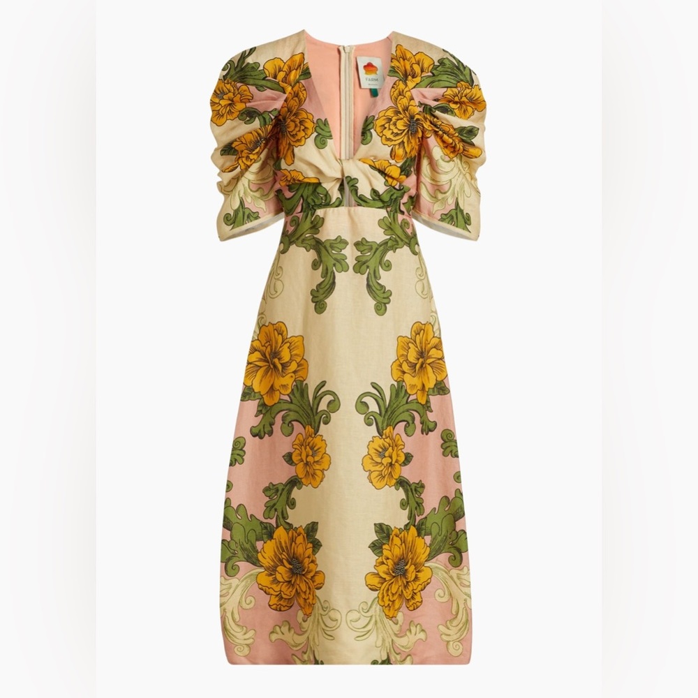 Farm Rio Floral Arabesque Linen Midi-Dress
